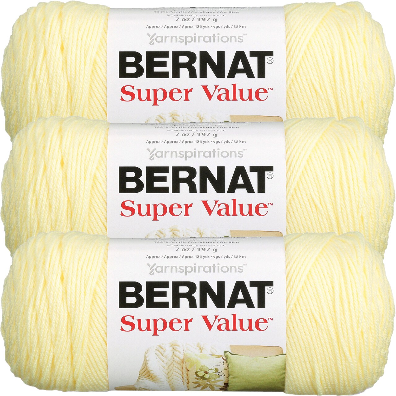 Bernat Super Value Yellow Yarn - 3 Pack of 198g/7oz - Acrylic - 4 Medium (Worsted) - 426 Yards - Knitting/Crochet